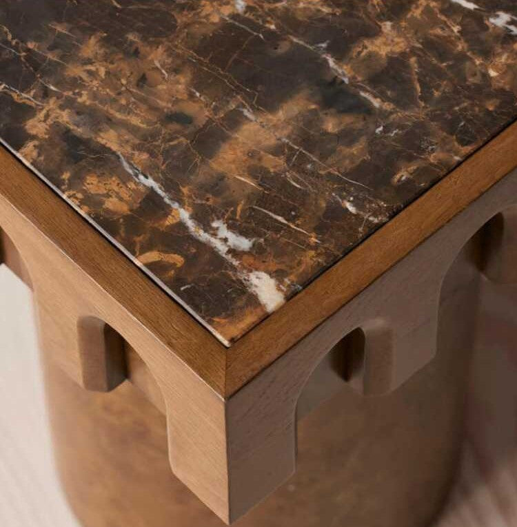 Vintage Solid Wood Burl Marble Side Table, Retro Accent End Table, Designer Small Coffee Table for Hotel, B&B, Living Room