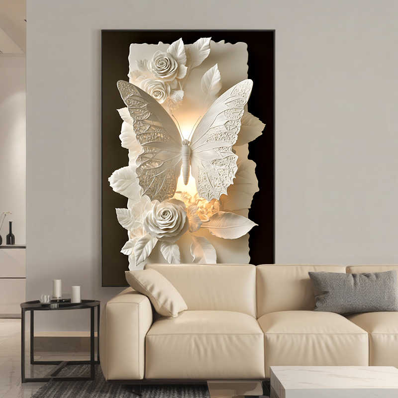 Luxury Butterfly 3D Ceramic Wall Art, Abstract Glass Texture Painting for Living Room, Sofa Background or Corridor, Large Floor Mural, Matte Black Frame