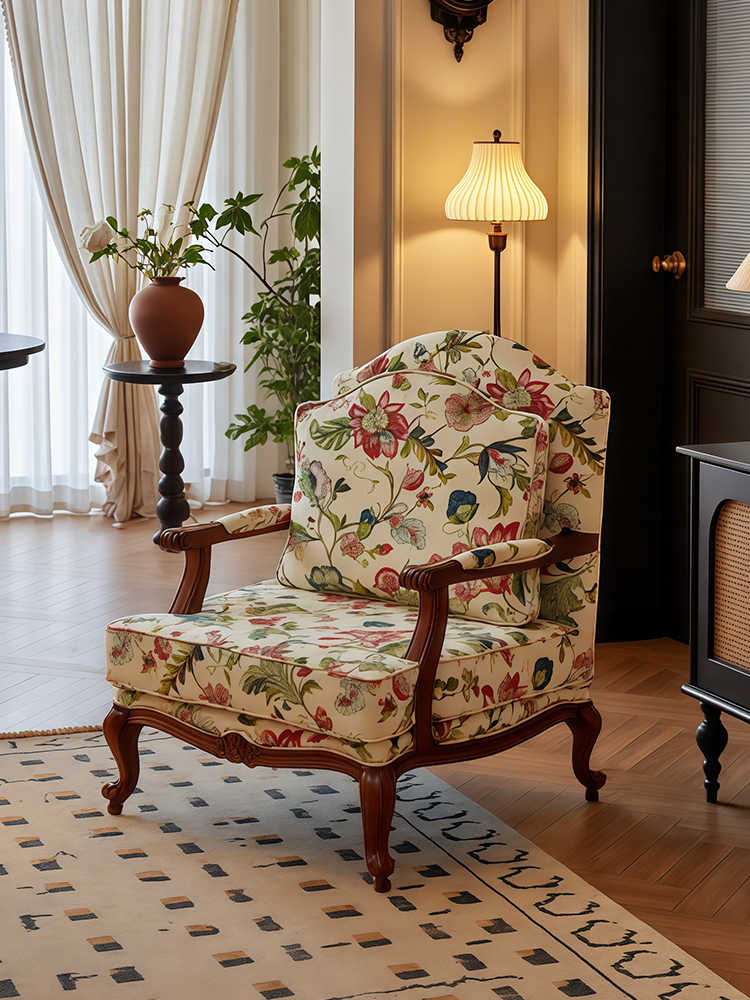 Vintage Floral Tiger Chair Set – Solid Wood Armchair and Ottoman, Retro Lounge for Living Room, Balcony