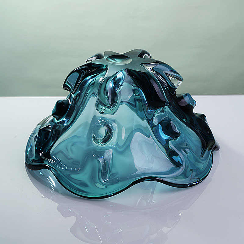 Luxury Modern Crystal Glass Oversized Fruit Bowl, Premium Teal Wave Design Serving Dish for Living Room Coffee Table, High-End Decorative Centerpiece