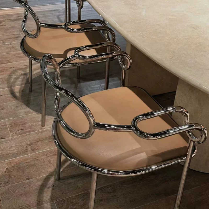 Italian Minimalist Dining Chair, Luxury Stainless Steel Frame with Genuine Leather Upholstery, Modern Art-Inspired Accent Chair with Curved Backrest
