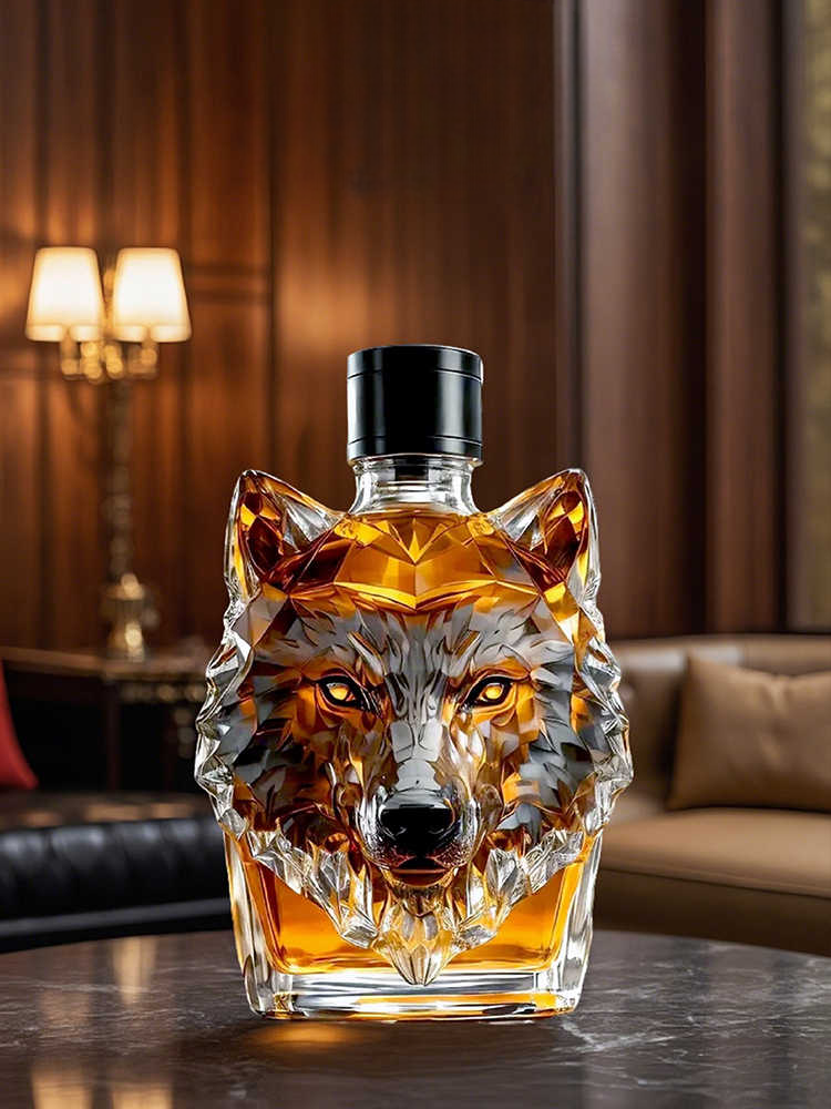 Wolf Head Whiskey Decanter 300ml, Creative 3D Glass Liquor Bottle for Spirits Storage & Home Bar
