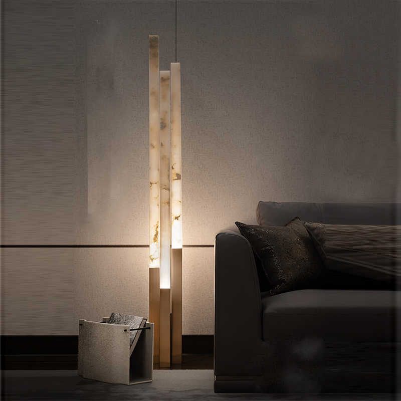 Designer Brushed Champagne Gold Floor Lamp, Custom Faux Marble Standing Light, Modern Tall LED Lamp for Living Room, Hotel, Villa, Sample Room