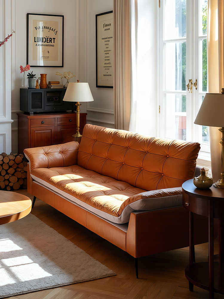 Vintage Leather Sailboat Sofa – Retro Designer 3-Seater for Living Room, Homestay, or Café, Tufted Couch
