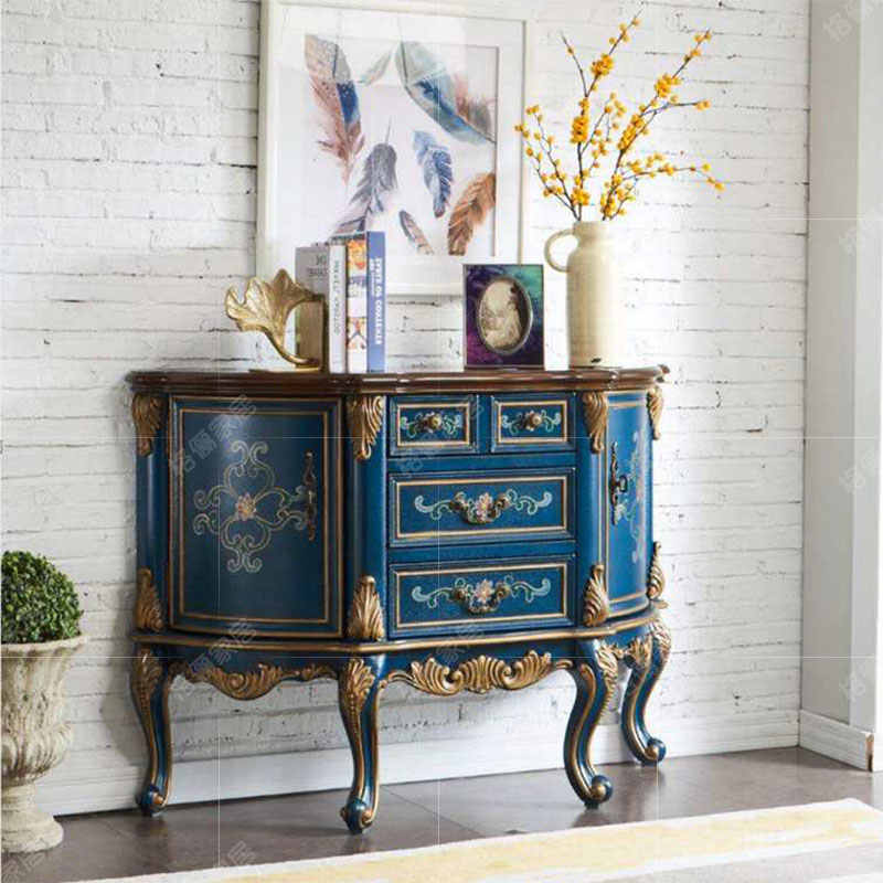American European Style Sideboard Cabinet, Royal Blue Hand-Painted Floral Storage Console with Cabriole Legs