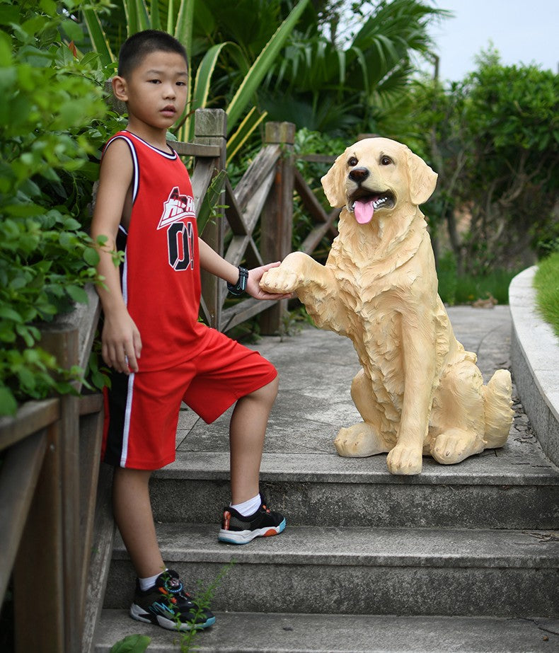 Life-Size Golden Retriever Outdoor Statue, Realistic Sitting Dog Sculpture with Paw Up – Large Garden, Patio, Entryway, Living Room Decor