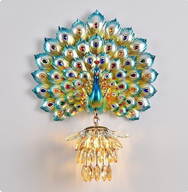 Blue Peacock Feather Wall Sconce Set – Crystal Wired Resin Accent Light for Living Room, Bedroom, and Decorative Walls (Set of 2)