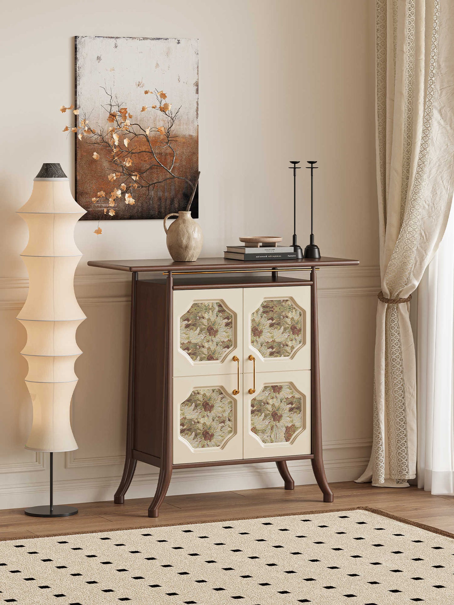 Song Dynasty Inspired Floral Octagon Console Cabinet – Natural Wood Botanical Pattern Storage Console, Traditional Asian Aesthetic Entryway Cabinet