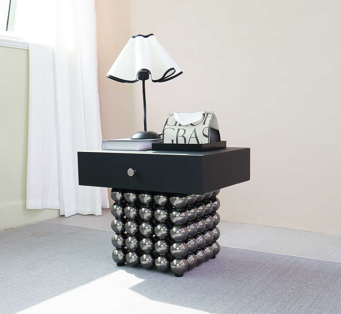 Bauhaus Inspired Floating Nightstand with Chrome Ball Base, Modern Black Side Table with Drawer Storage, Contemporary Steel Sphere Pedestal Design