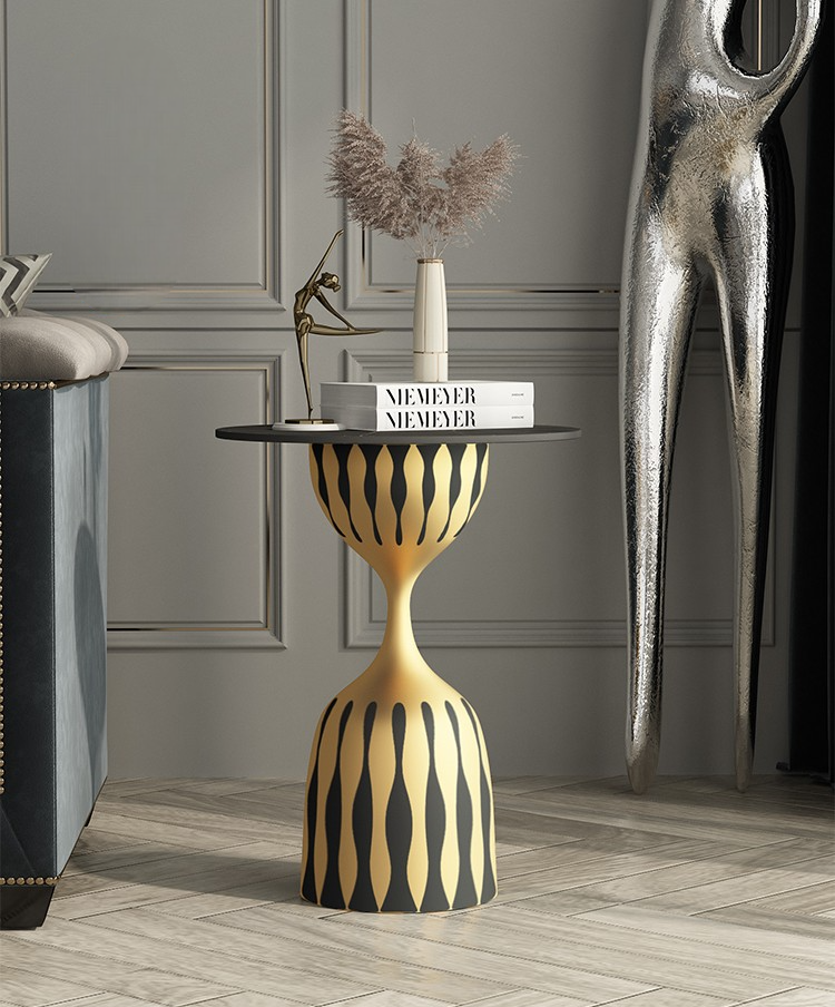 Modern Luxury Black Marble Side Table, High-End Hourglass Accent Table with Gold Detailing, Small Coffee Table for Sofa, Living Room, Apartment