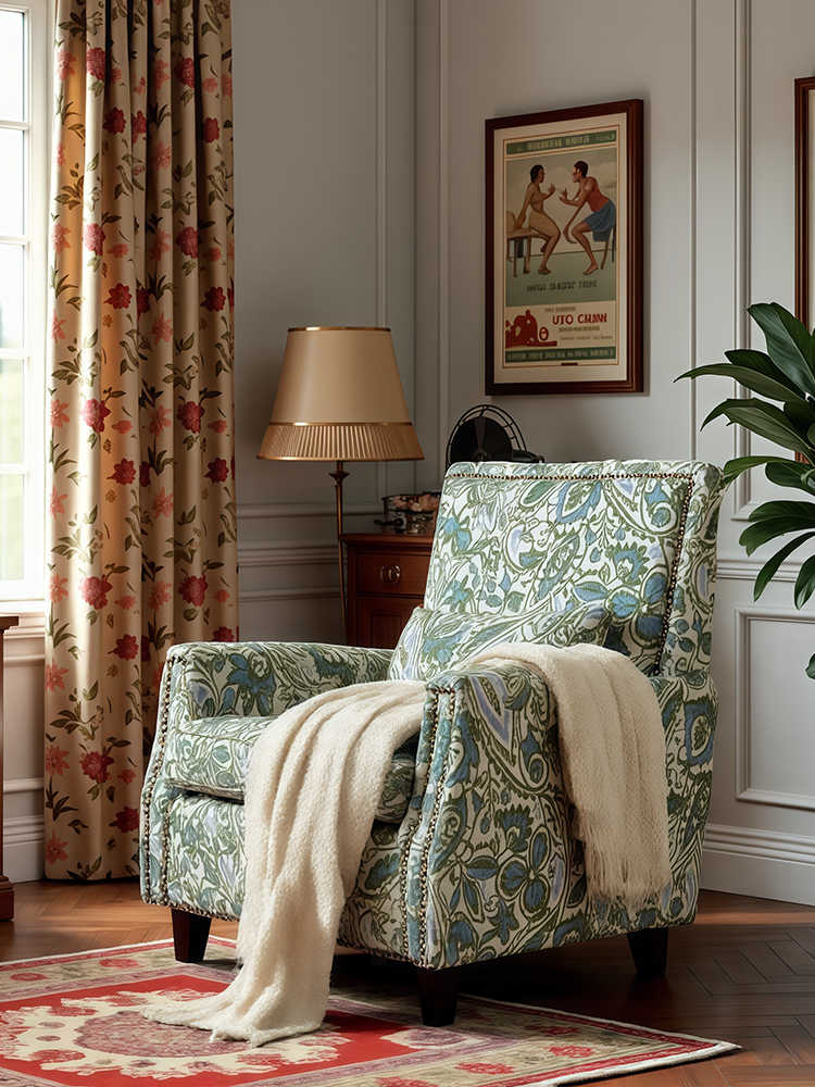 Vintage Tiger Armchair – Retro Lounge Single Sofa for Living Room, Balcony, Study, & Bedroom, Blue Floral Upholstery