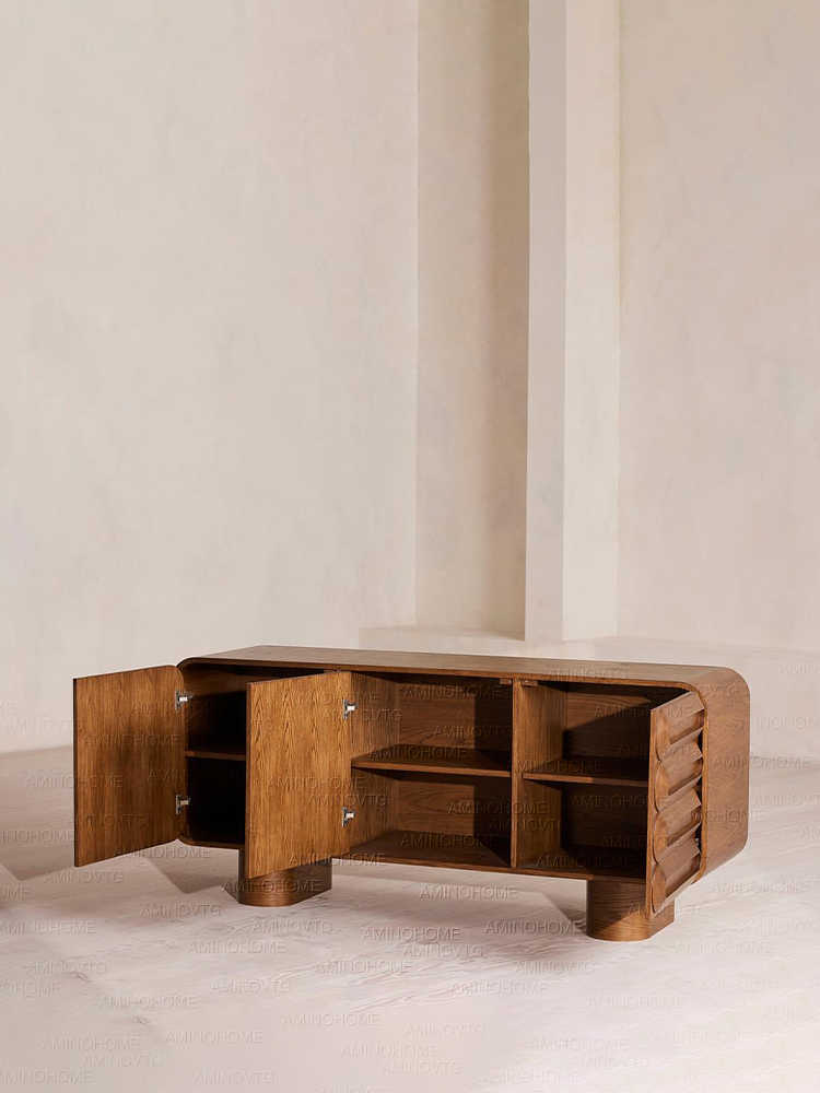 Wabi-Sabi Solid Wood Sideboard with Curved Design, Japanese Minimalist Storage Cabinet with Natural Oak Finish for Small Spaces
