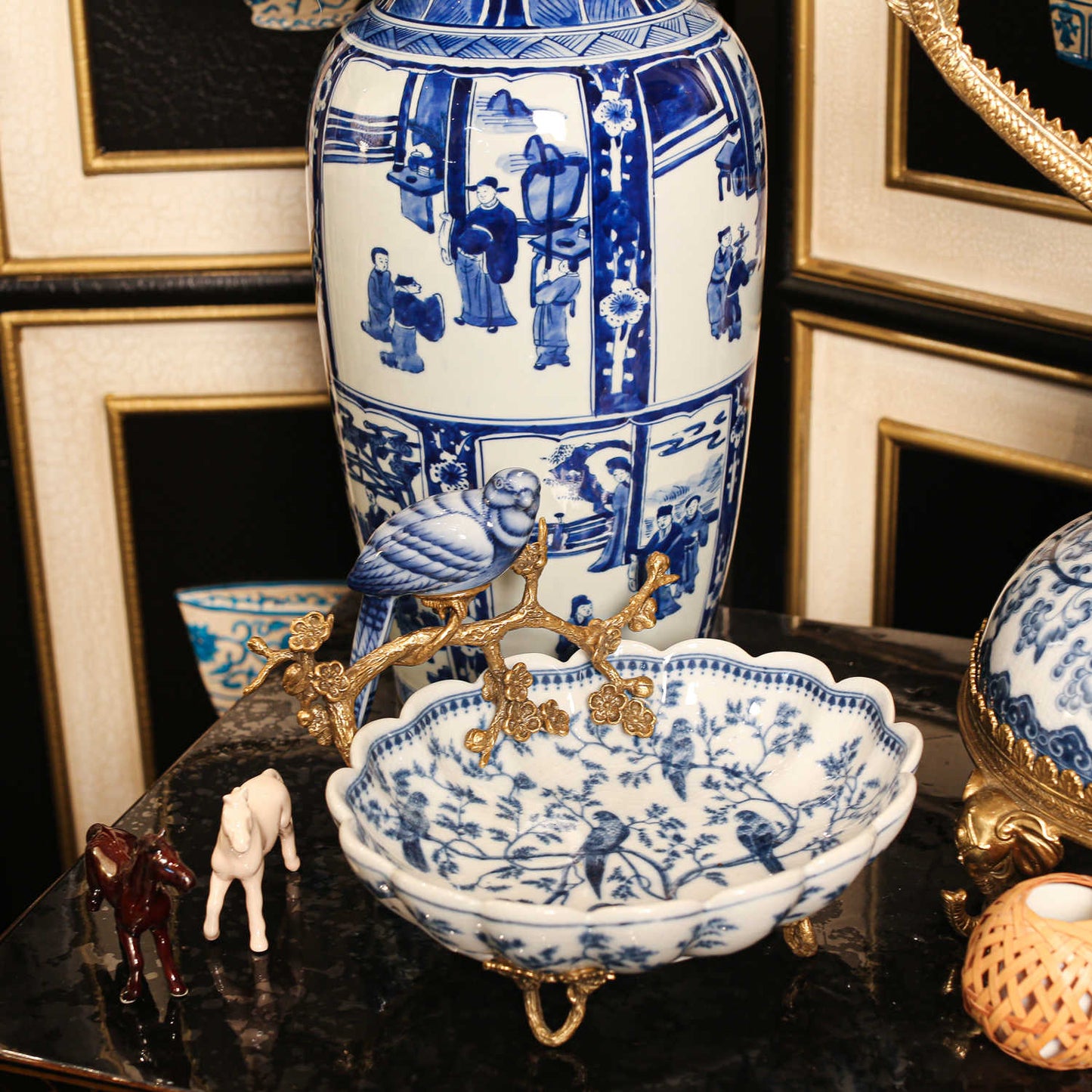 Oriental Blue-and-White Porcelain Bird Dish, Hand-Painted Ceramic & Brass Plum Blossom Accent Decorative Bowl