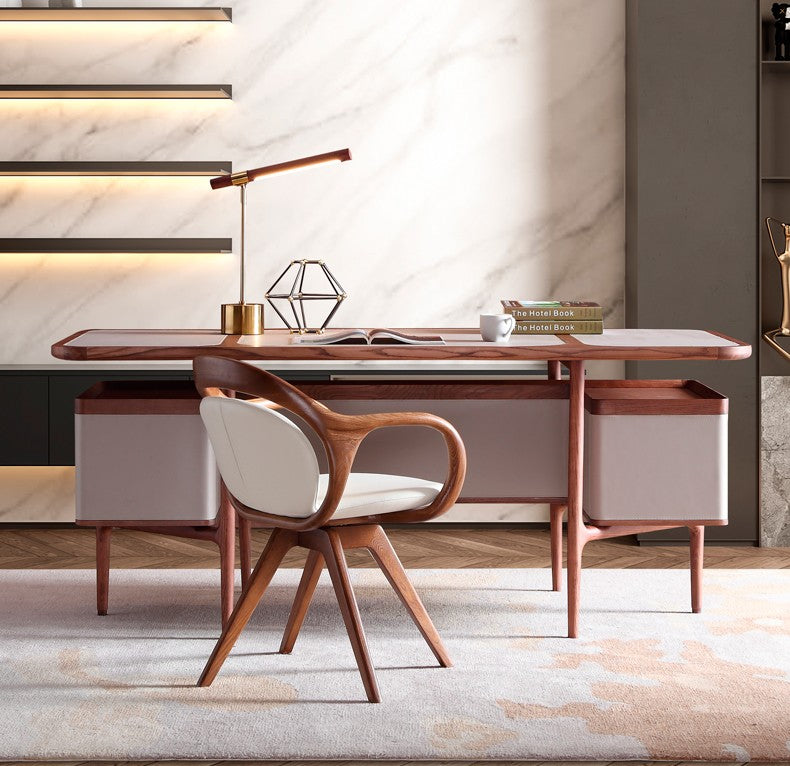 Modern Walnut Swivel Lounge Chair, Premium Solid Wood & Genuine Leather Nordic Reading Chair