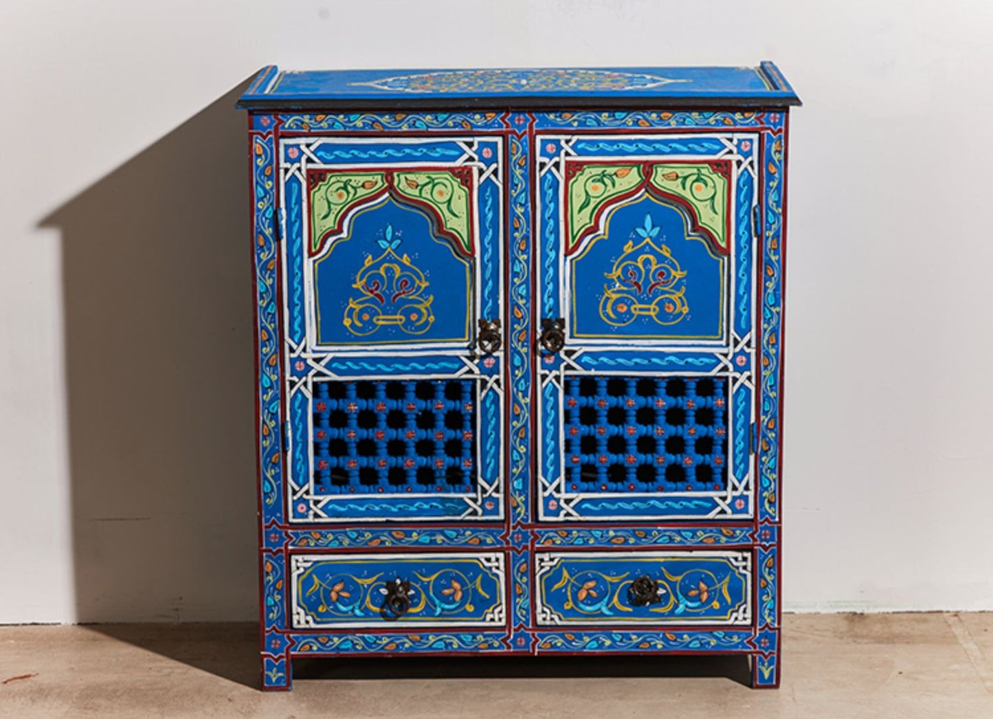 Moroccan Hand-Painted Solid Wood Blue Cabinet, Exotic Entryway Storage Shoe Sideboard