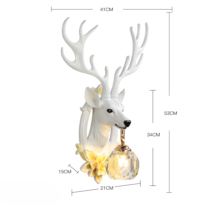White Deer Head Wall Sconce – Modern Resin Antler Wall Lamp with K9 Crystal Shade for Living Room, Bedroom, and Statement Walls