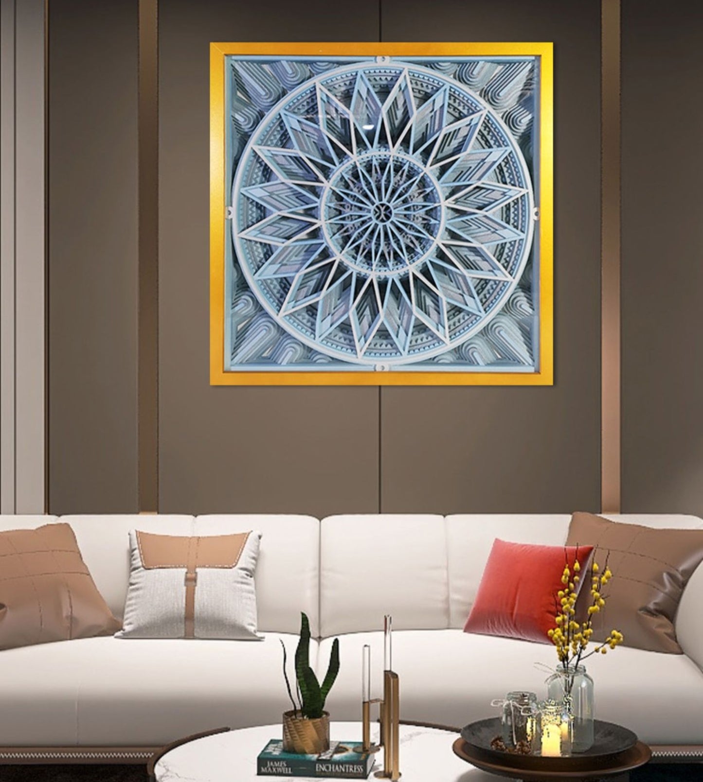 3D Wood Art Panel – Modern Geometric Mandala Wall Decor, Square Framed Living Room Sculpture (Aluminum Frame)