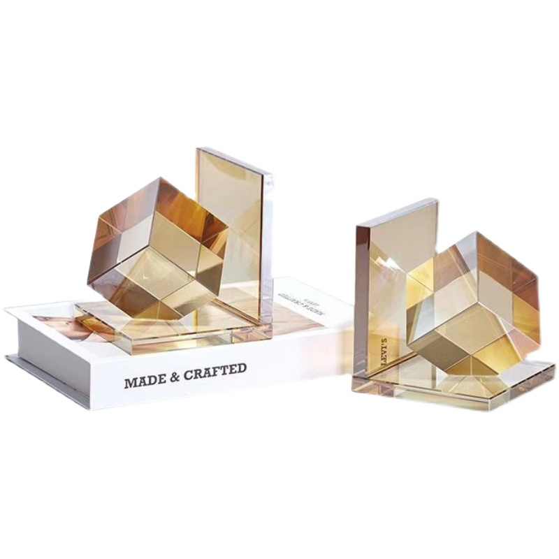 Modern Geometric Crystal Bookend – Artistic Acrylic and Amber Decorative Bookshelf Support for Home, Office, Sample Room, (Single Piece)