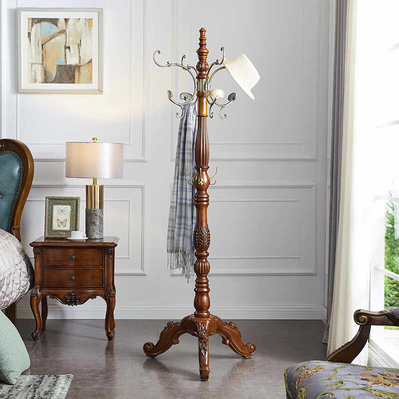 Elegant American Country Style Carved Wood Floor Coat Tree – Vintage Solid Wood Hall Tree with Ornate Base, Bedroom Standing Coat Rack