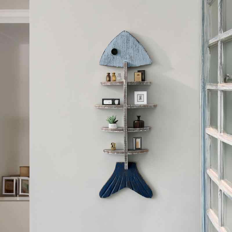 Mediterranean Fish Bone Wall Shelf – Coastal Blue Wooden Display Rack, Nautical Storage Organizer with Multiple Compartments for Home Decoration