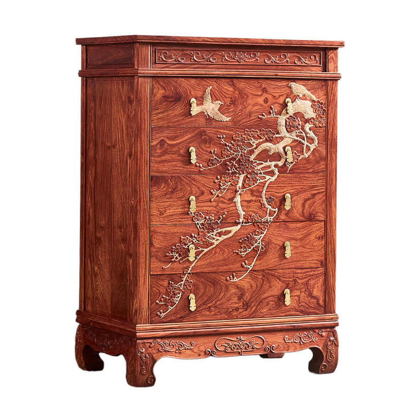 Traditional Hedgehog Rosewood 5-Drawer Chest with Hand-Carved Plum Blossom Motif, Authentic Mahogany Storage Cabinet