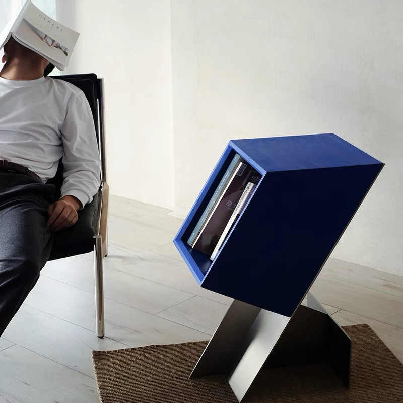 Klein Blue & Stainless Steel Modern Magazine Side Table – Minimalist Designer Display Shelf, Accent Cabinet
