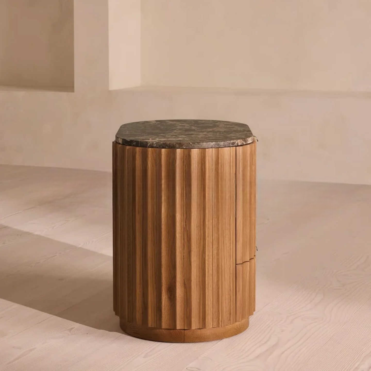 Mid-Century Modern Solid Wood Nightstand – Designer Vintage Bedside Cabinet with Marble Top, Three Drawers, No Assembly Required, Bedroom Storage