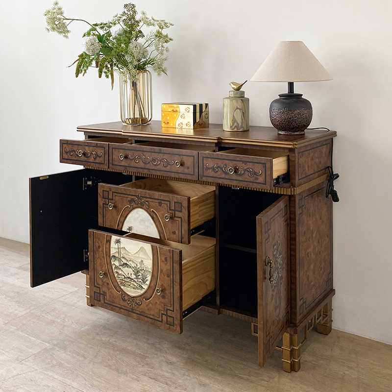Neoclassical Hand-Painted Sideboard, Vintage Console with Carved Floral Panels, Luxury Entryway Storage Cabinet