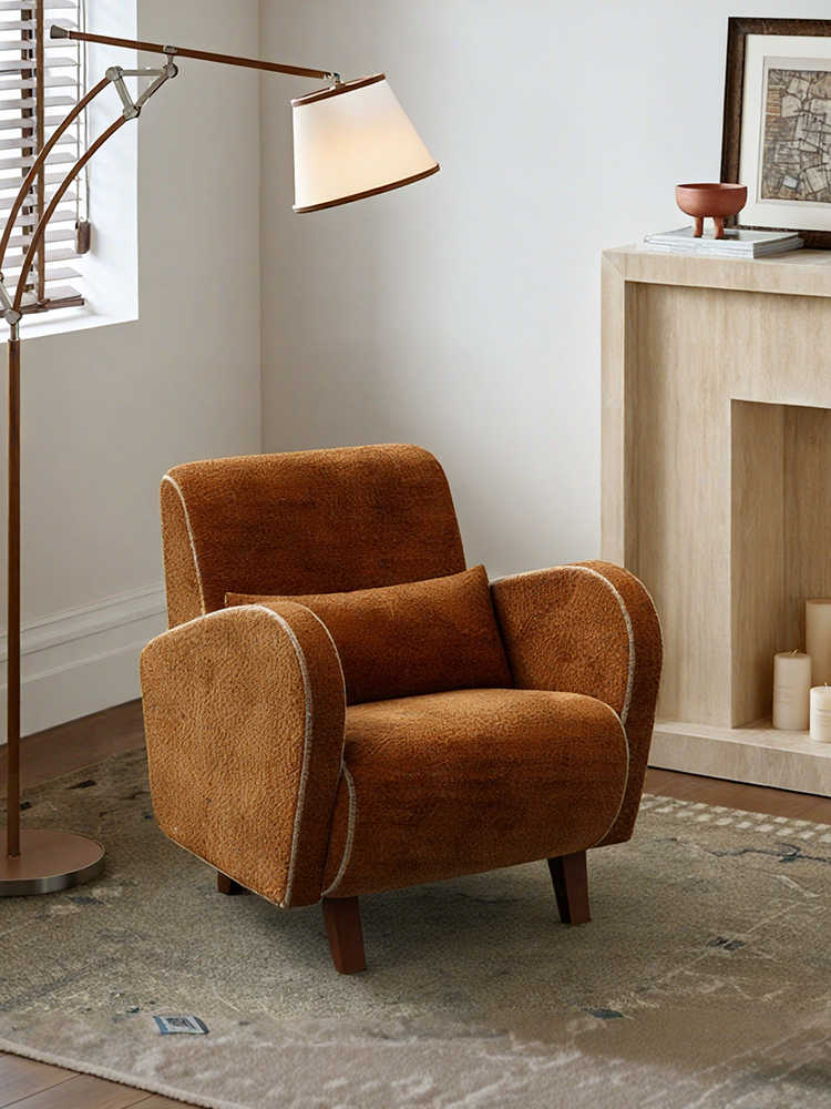 Mid-Century Vintage Chenille Lazy Lounge Chair – Retro Cozy Accent Armchair for Small Apartment, Living Room & Bedroom