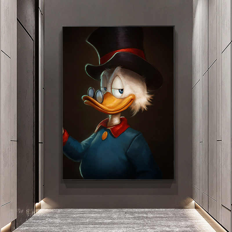 Hand-Painted Scrooge Duck Oil Painting, Large Cartoon Animal Modern Wall Art, Entryway, Living Room & Bedroom Decorative Panel, Black Aluminum Frame