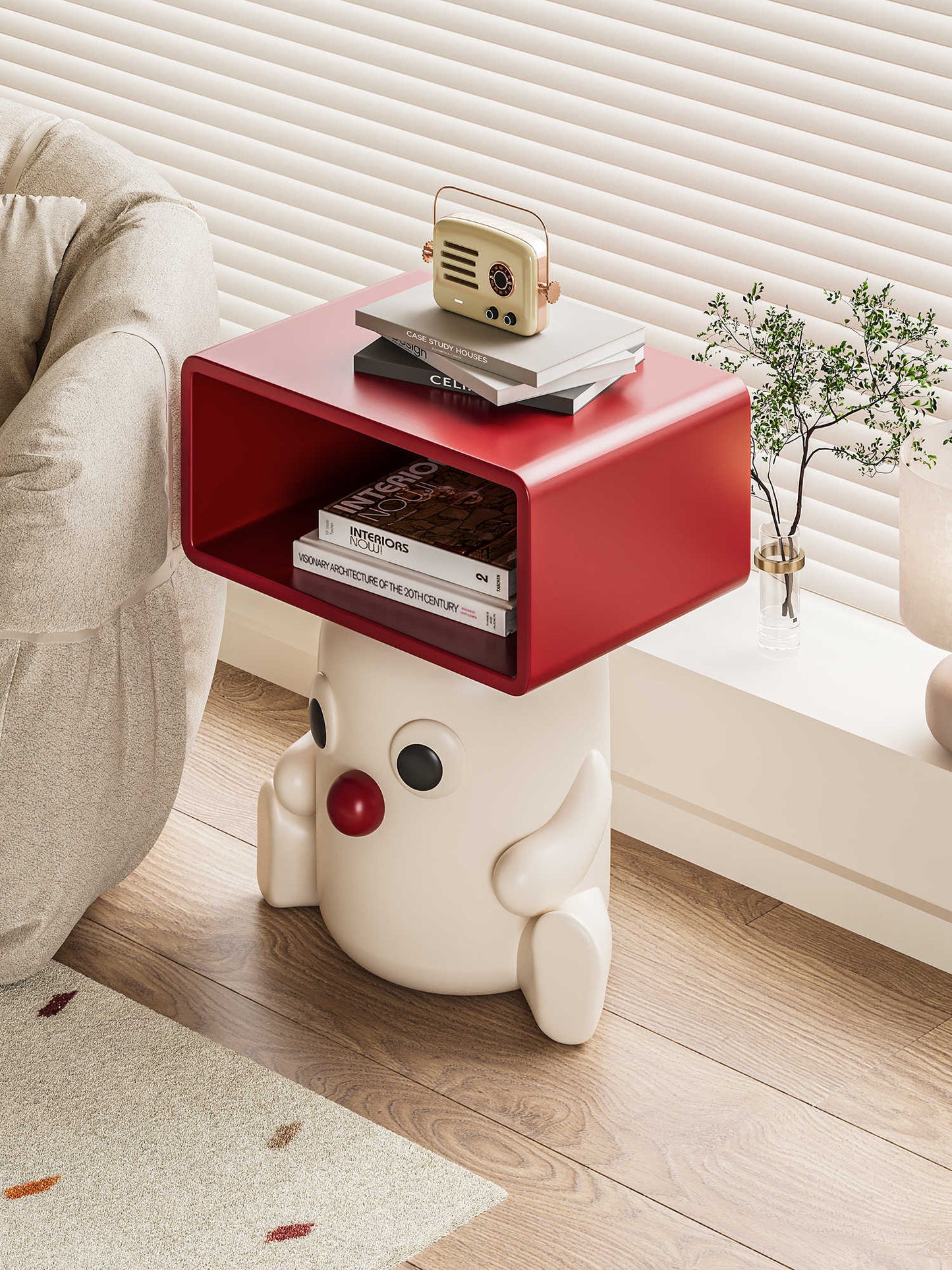 Adorable White Baby Character Side Table with Red Storage Cube – Cartoon End Table, Creative Nursery Bedside Cabinet for Kids Room and Living Room