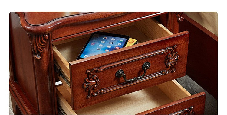 Classic American Solid Wood Nightstand with Carved Details – European Style Bedside Cabinet with 2-Drawer Storage for Bedroom