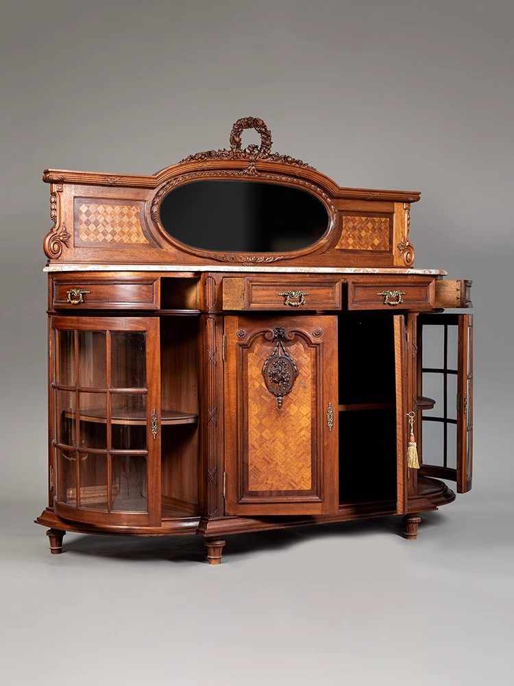 Classical Floral Antique Sideboard Cabinet, Marble Top Console with Oval Mirror & Custom Carved Details