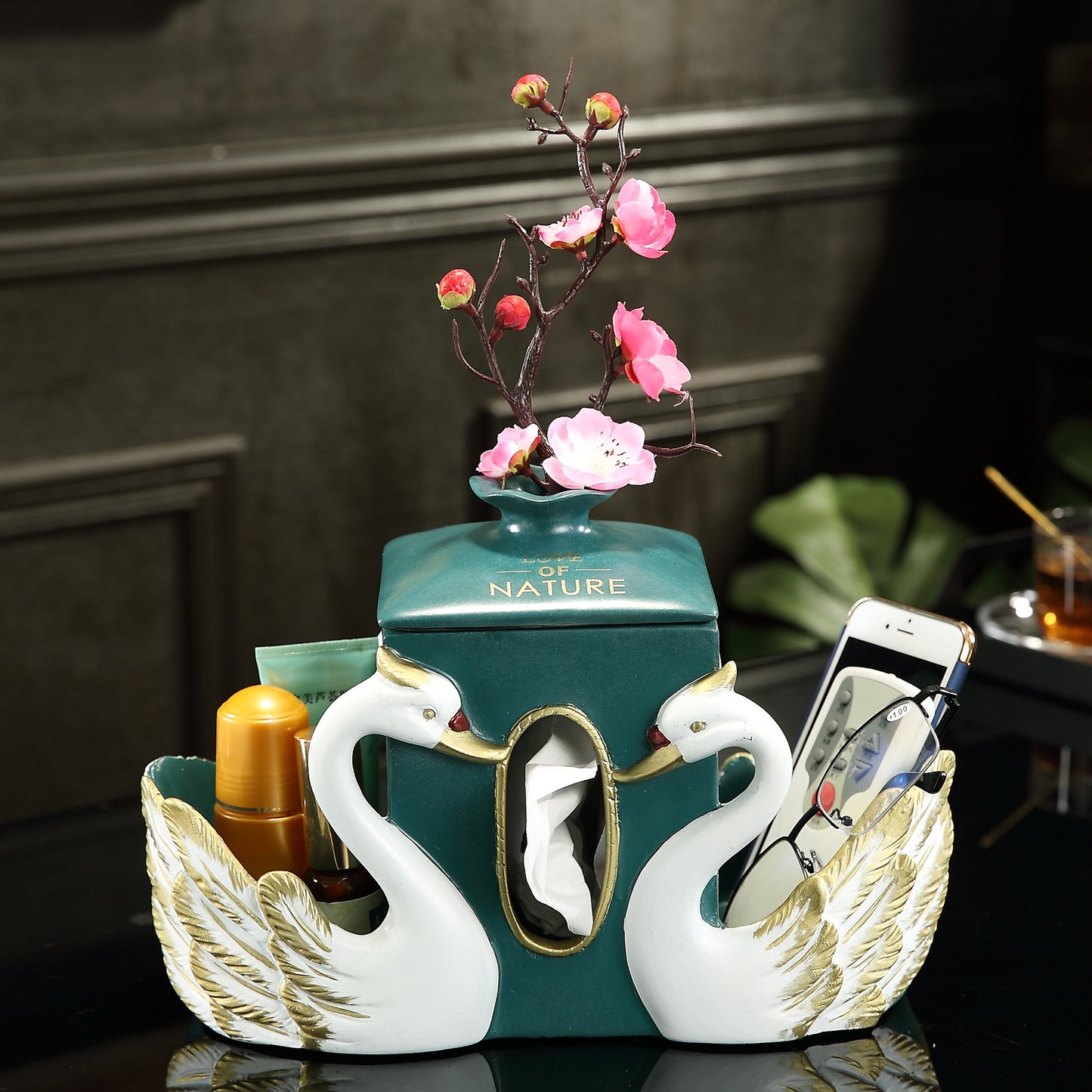 Swan Tissue Box – Beige Resin Napkin Holder with Flower Vase, Elegant Romantic Storage for Living Room, Table, Entryway