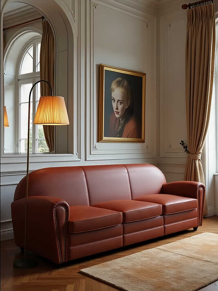 Vintage Genuine Leather Sofa – Retro Designer 3 Seater Couch for Small Living Room & Luxury Apartment, Tufted Brown