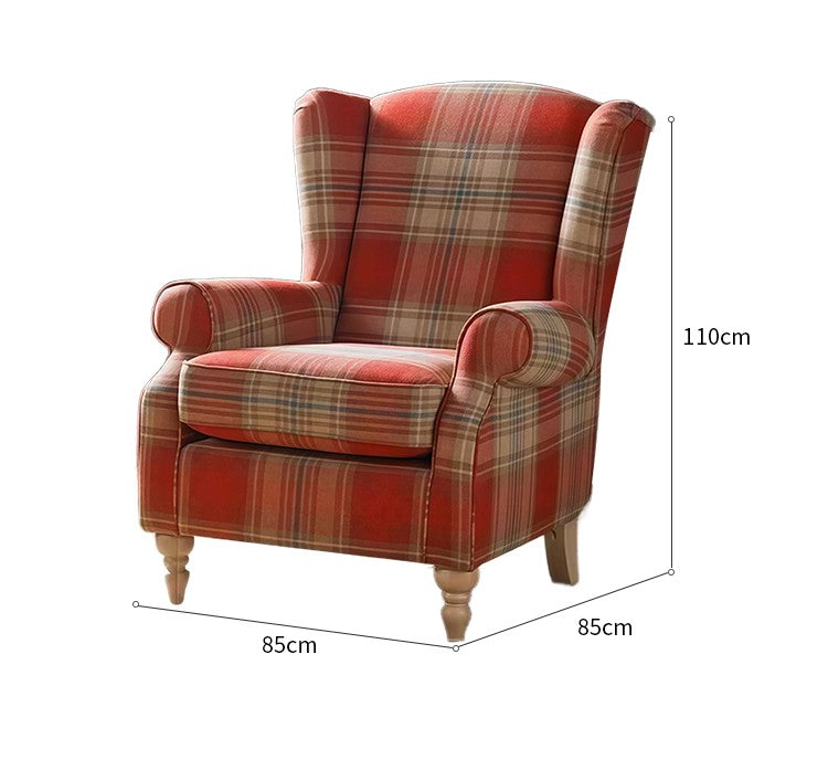 High-Back Tiger Armchair – Red Plaid Retro Single Sofa for Living Room, Study, Bedroom, or Balcony, Country Style Wing Chair