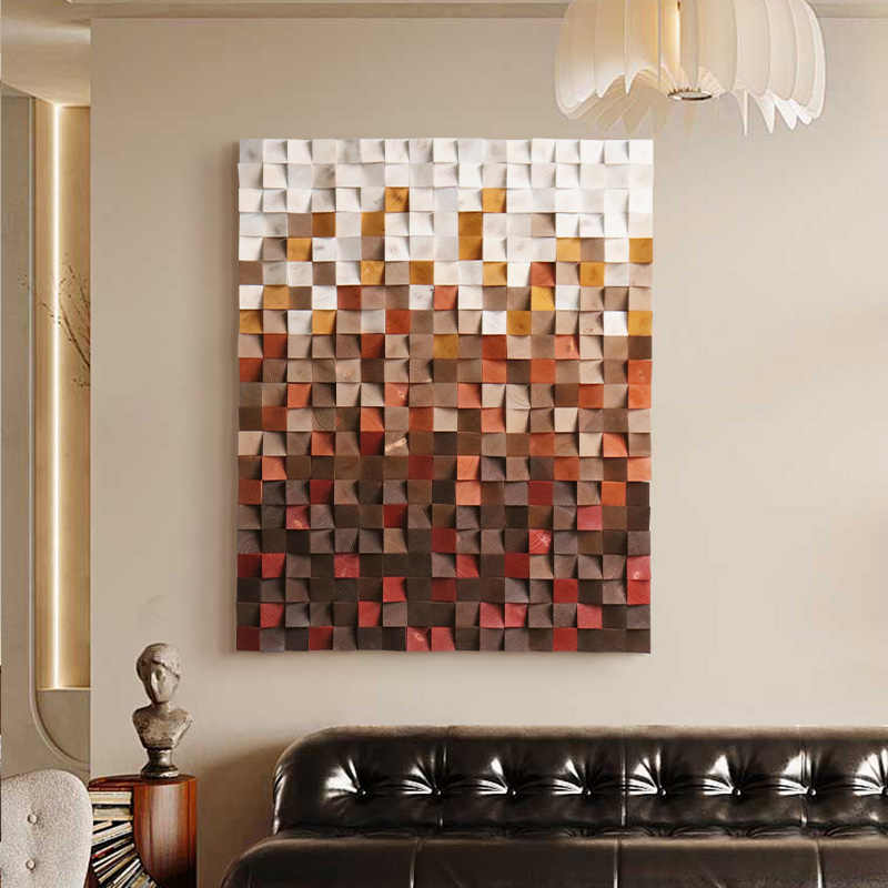 Modern Gradient 3D Solid Wood Mosaic Wall Art Panel, Handcrafted Pine Decorative Sculpture for Entryway, Living Room, Hotel—Unframed