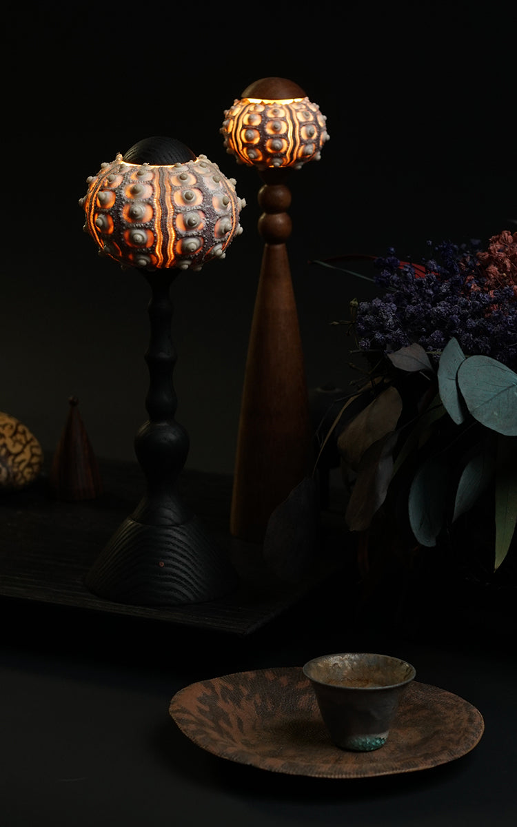 Handmade Sea Urchin Table Lamp, USB Rechargeable Black Wood Ambient Light, Touch Dimmable Modern Vintage Night Light for Bedroom, Living Room, Gifts