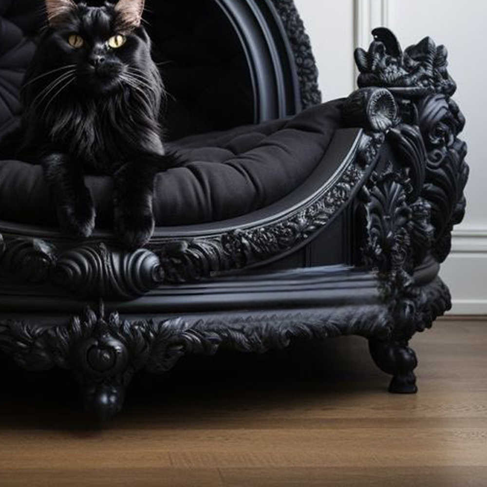 Gothic Black Luxury Solid Wood Pet Bed – Baroque Hand-Carved Cat & Dog Sofa, Indoor Ornate Throne Bed