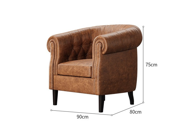 Vintage Leather Club Chair – Retro Chesterfield Single Armchair for Living Room, Bedroom & Home Office, Tufted Barrel Accent