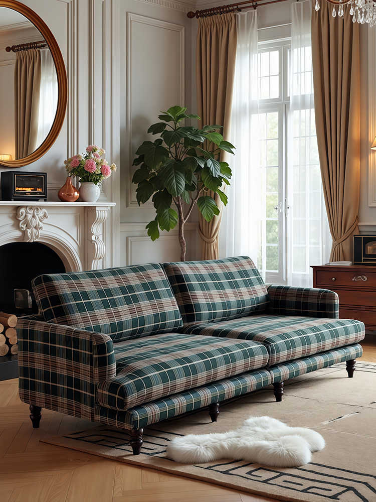 Vintage Plaid Designer Sofa – Colonial 3-Seater for Living Room, Homestay, Retro Guest Lounge