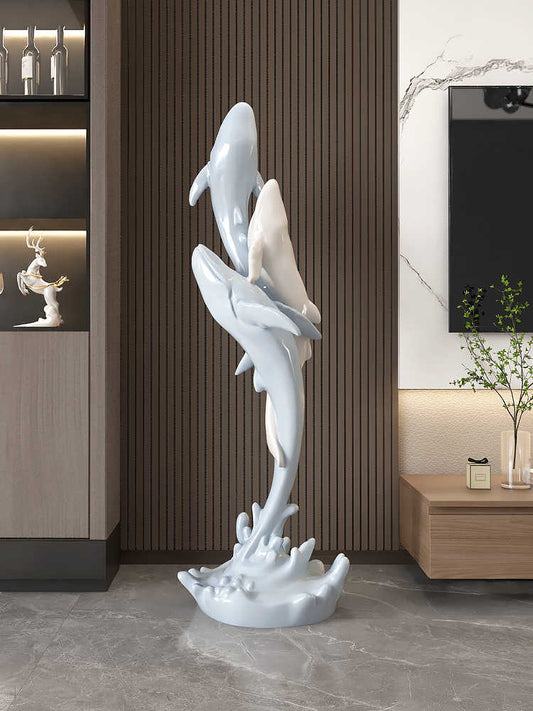 Large Whale Floor Sculpture with LED Moon Lamp, Luxury Resin Marine Life Statue for Living Room, TV Cabinet & Entryway Decor, Housewarming Gift