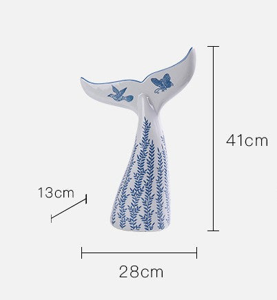 Blue and White Porcelain Whale Tail Sculpture, Asian Ceramic Fish Tail Art for Prosperity, Traditional New Asian Style Home Decor