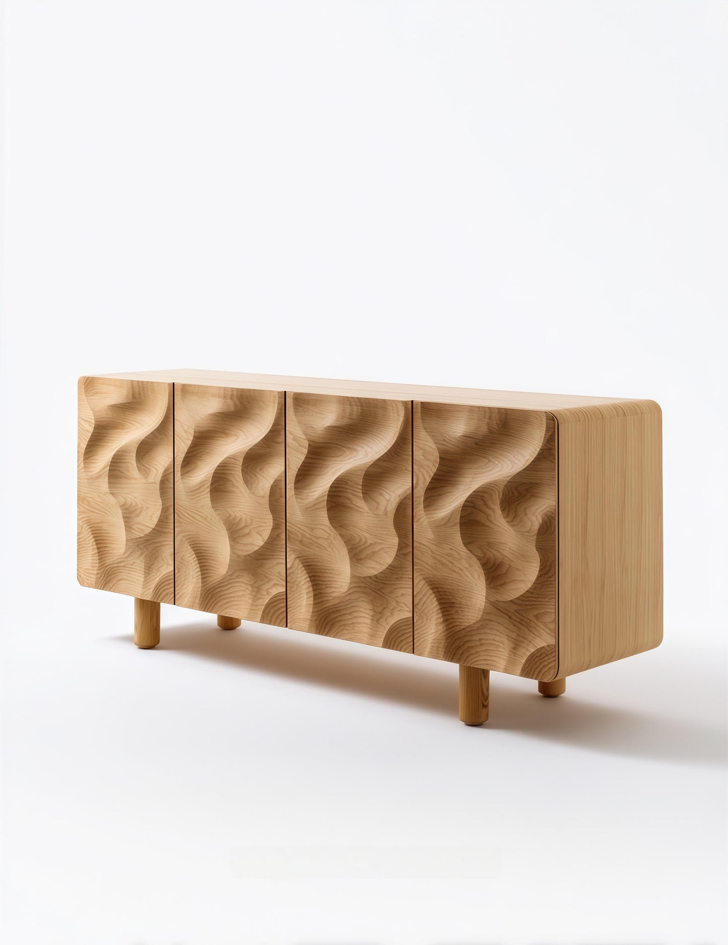 Retro Sculpted Wood Sideboard – Designer Solid Wood Wave-Carved Buffet for Modern Dining, Artistic Storage Cabinet