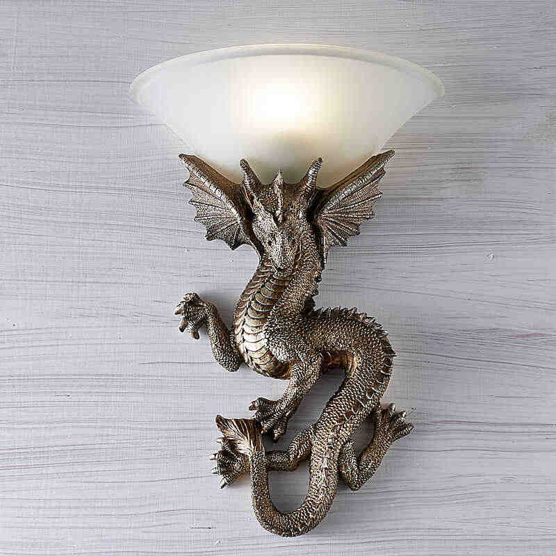 Game of Thrones Dragon Wall Sconce—Antique Gold, European Entryway & Living Room TV Wall Lamp