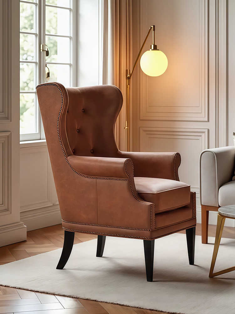 Luxury Vintage High-Back Leather Wing Chair – Designer Retro Accent Armchair for Living Room, Bedroom & Study, Tiger Chair