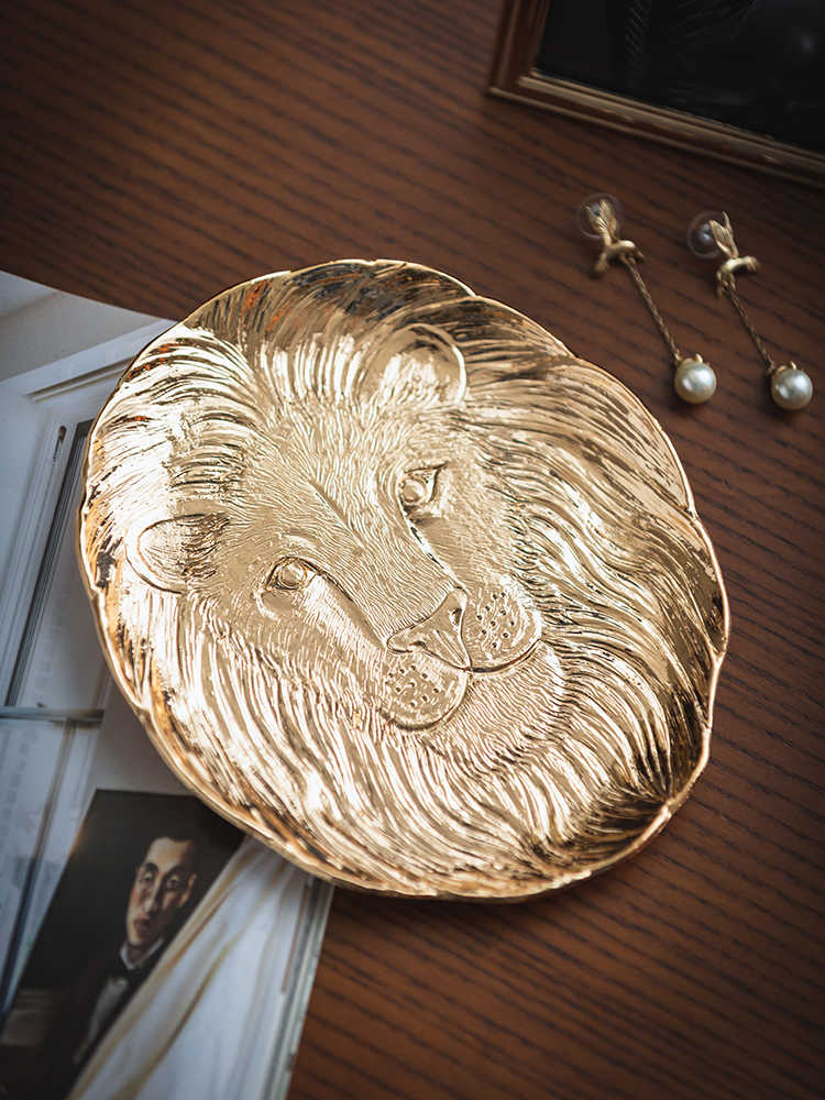 Modern Gold Lion Head Jewelry Tray, Luxury Tin Plate Decorative Organizer for Living Room, Bedroom, Vanity, Necklace & Earring Display