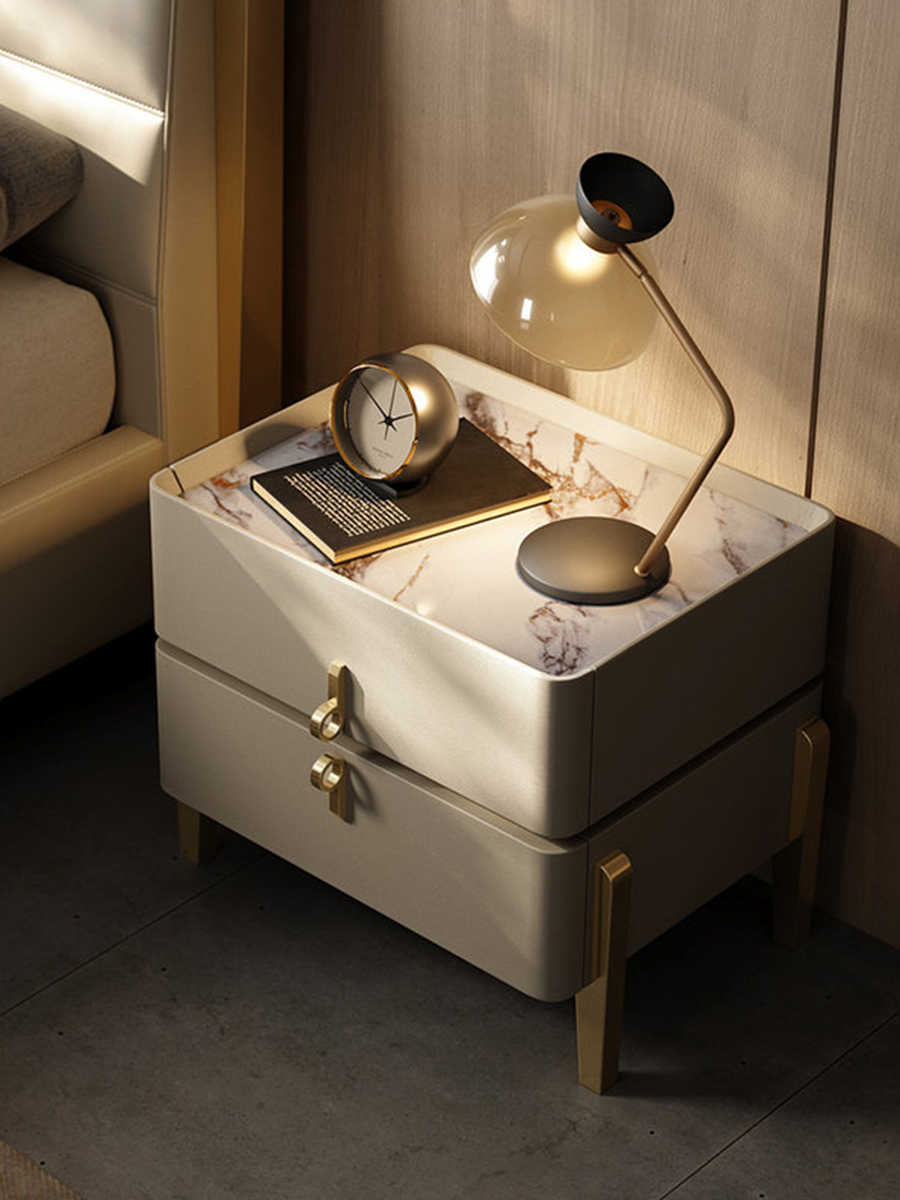 Modern Light-Luxury Sintered Stone Nightstand – High-End Solid Wood Bedside Storage Cabinet, Minimalist Double-Drawer