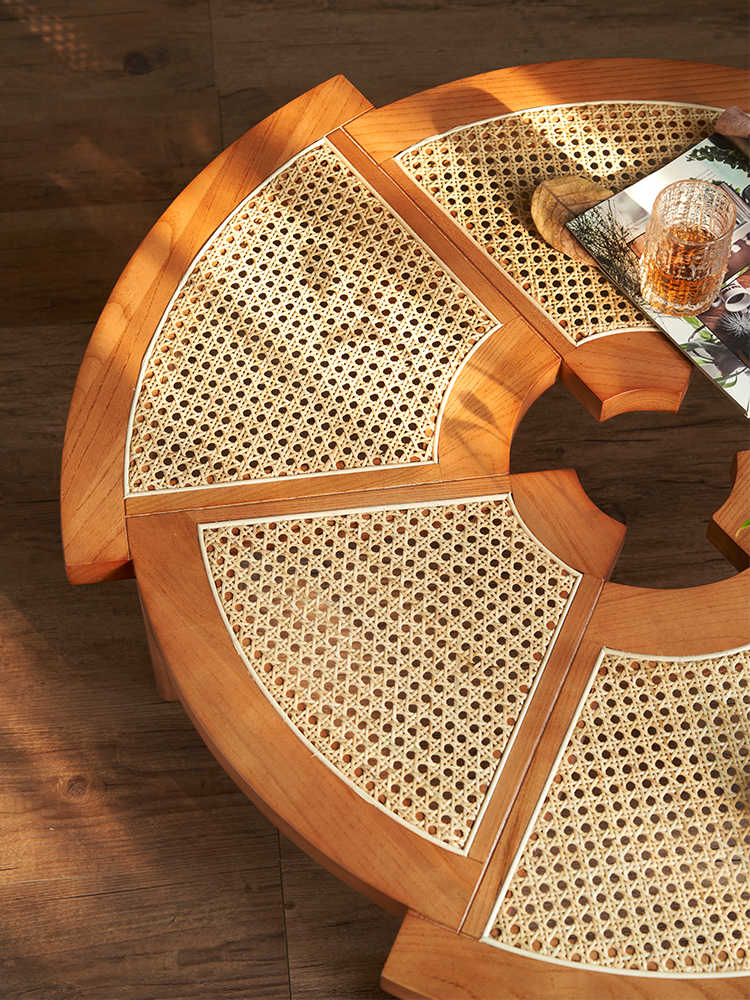 Vintage Cherry Wood Polygon Rattan Tea Table, Style Round Low Table for Small Living Rooms