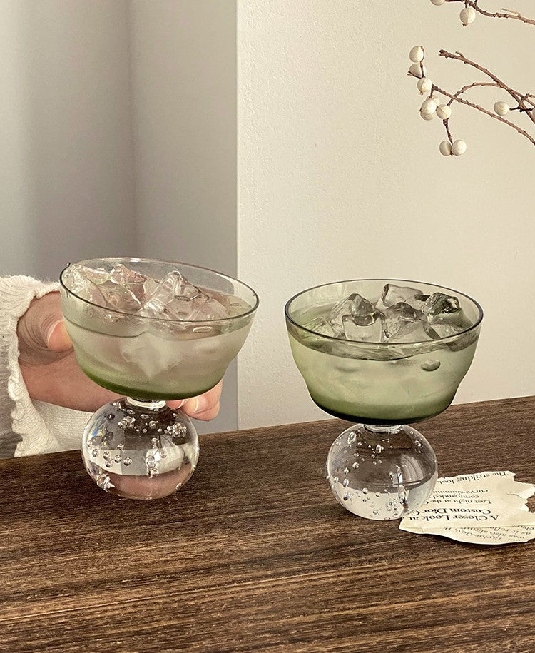 Vintage Art Glass Bubble Stem Cocktail Glasses 200ml – Handmade Green Bowl, Sculptural Spherical Bubble Foot, Pair (Set of 2) Highball, Water, or Dessert Cups